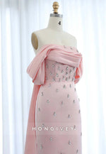Floor-Length Trumpet Cap Sleeves Rhinestone Watteau Train Evening Gown
