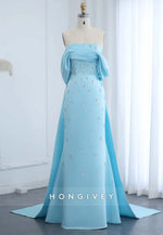Floor-Length Trumpet Cap Sleeves Rhinestone Watteau Train Evening Gown