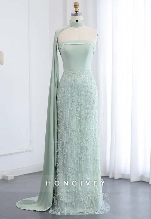 Column Floor-Length Strapless Halter Pleated Side Draping Feather Evening Gown