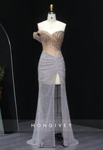 Luxury Crystal Beaded Prom Dresses Silver Pleated Evening Dress with High Slit