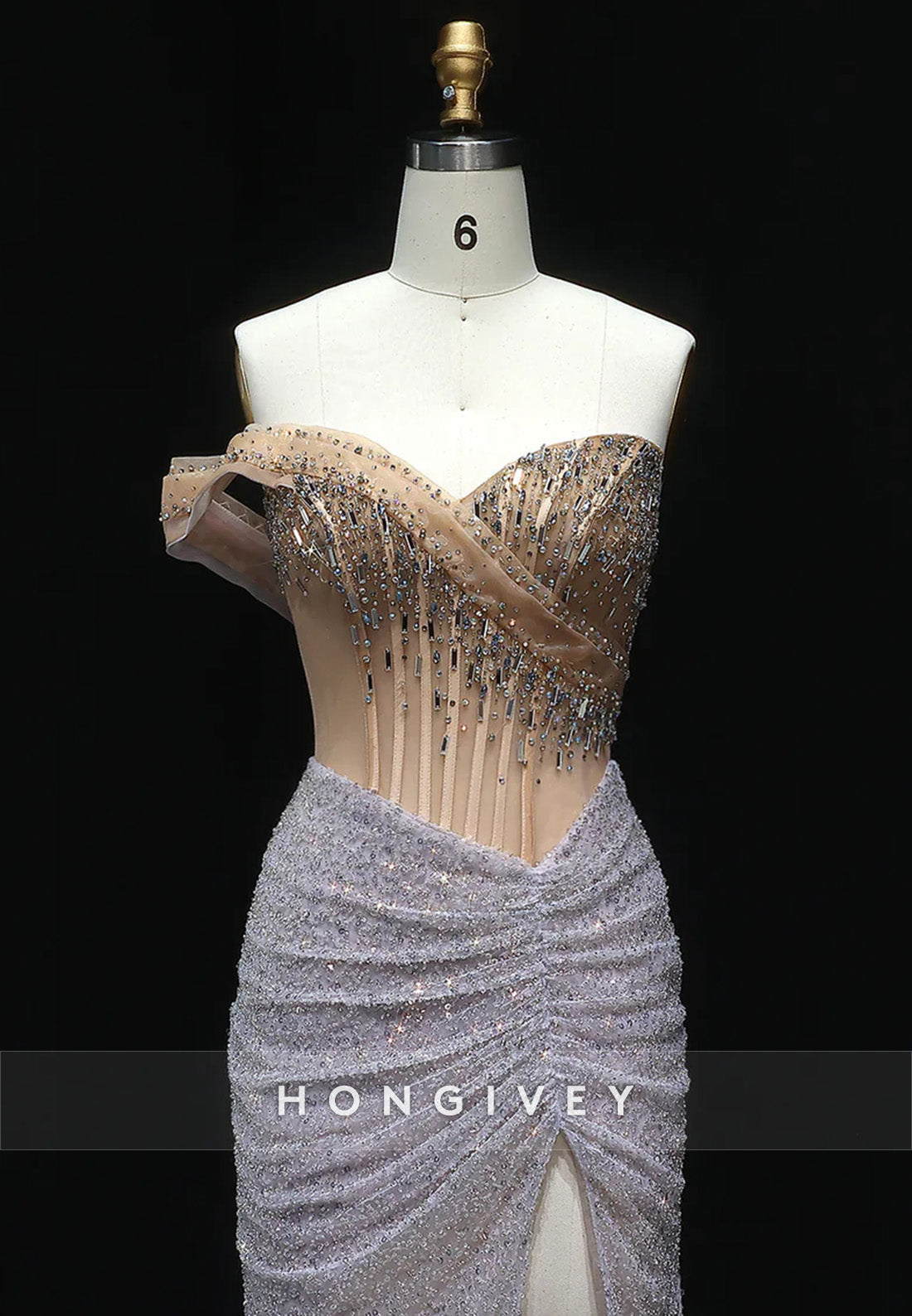 Luxury Crystal Beaded Prom Dresses Silver Pleated Evening Dress with High Slit