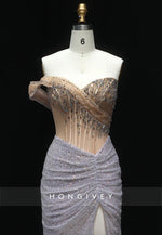 Luxury Crystal Beaded Prom Dresses Silver Pleated Evening Dress with High Slit