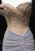 Luxury Crystal Beaded Prom Dresses Silver Pleated Evening Dress with High Slit