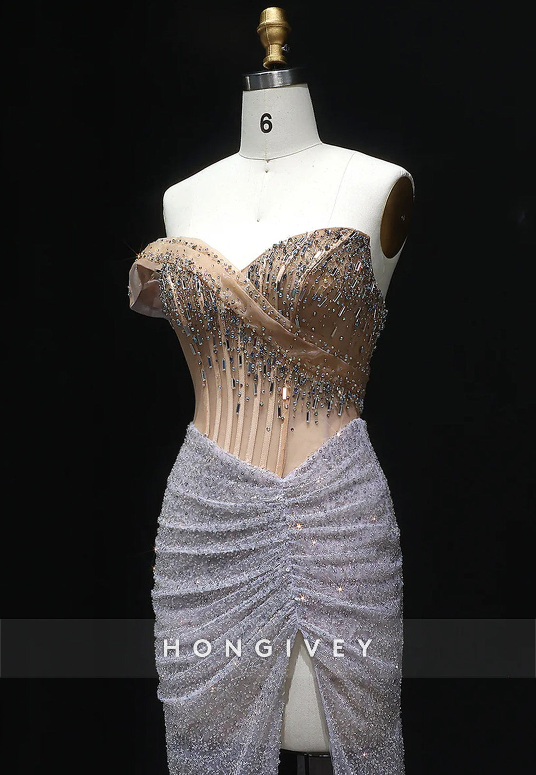 Luxury Crystal Beaded Prom Dresses Silver Pleated Evening Dress with High Slit