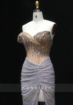 Luxury Crystal Beaded Prom Dresses Silver Pleated Evening Dress with High Slit