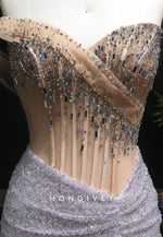 Luxury Crystal Beaded Prom Dresses Silver Pleated Evening Dress with High Slit