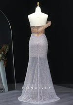 Luxury Crystal Beaded Prom Dresses Silver Pleated Evening Dress with High Slit