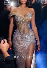 Luxury Crystal Beaded Prom Dresses Silver Pleated Evening Dress with High Slit