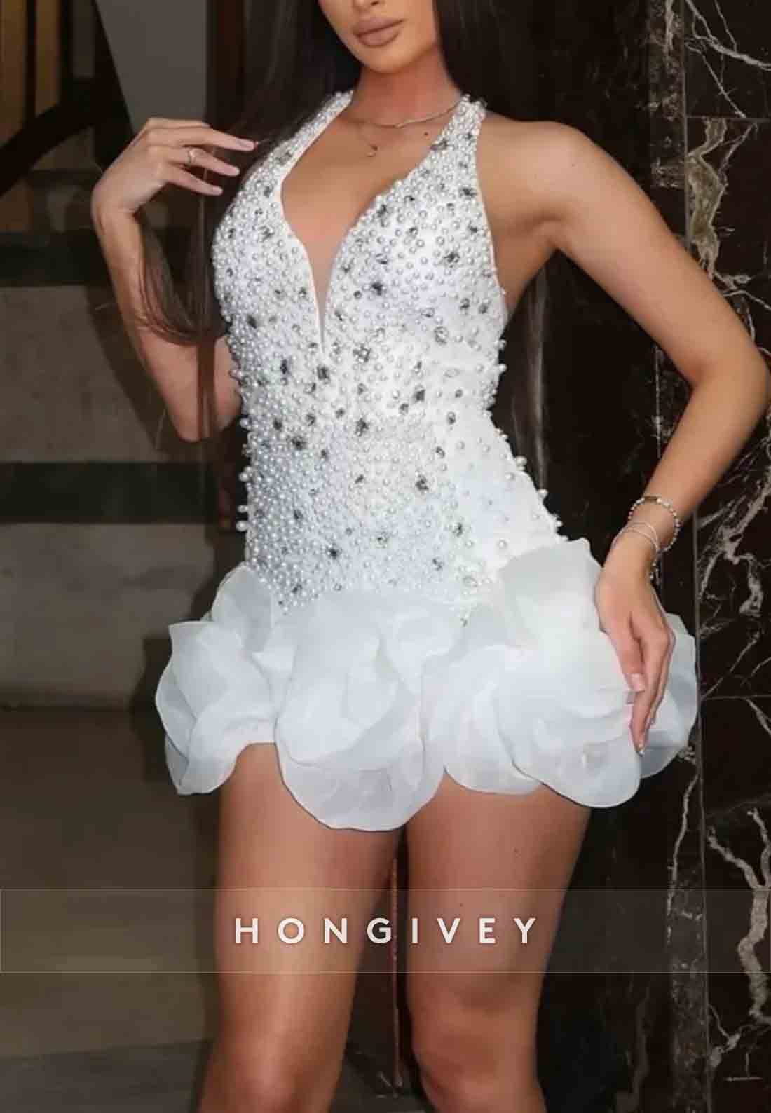 Sparkle Halter Low V-Neck Rhinestone Sleeveless Beading Mini Homecoming Dresses