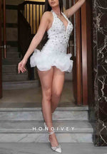 Sparkle Halter Low V-Neck Rhinestone Sleeveless Beading Mini Homecoming Dresses