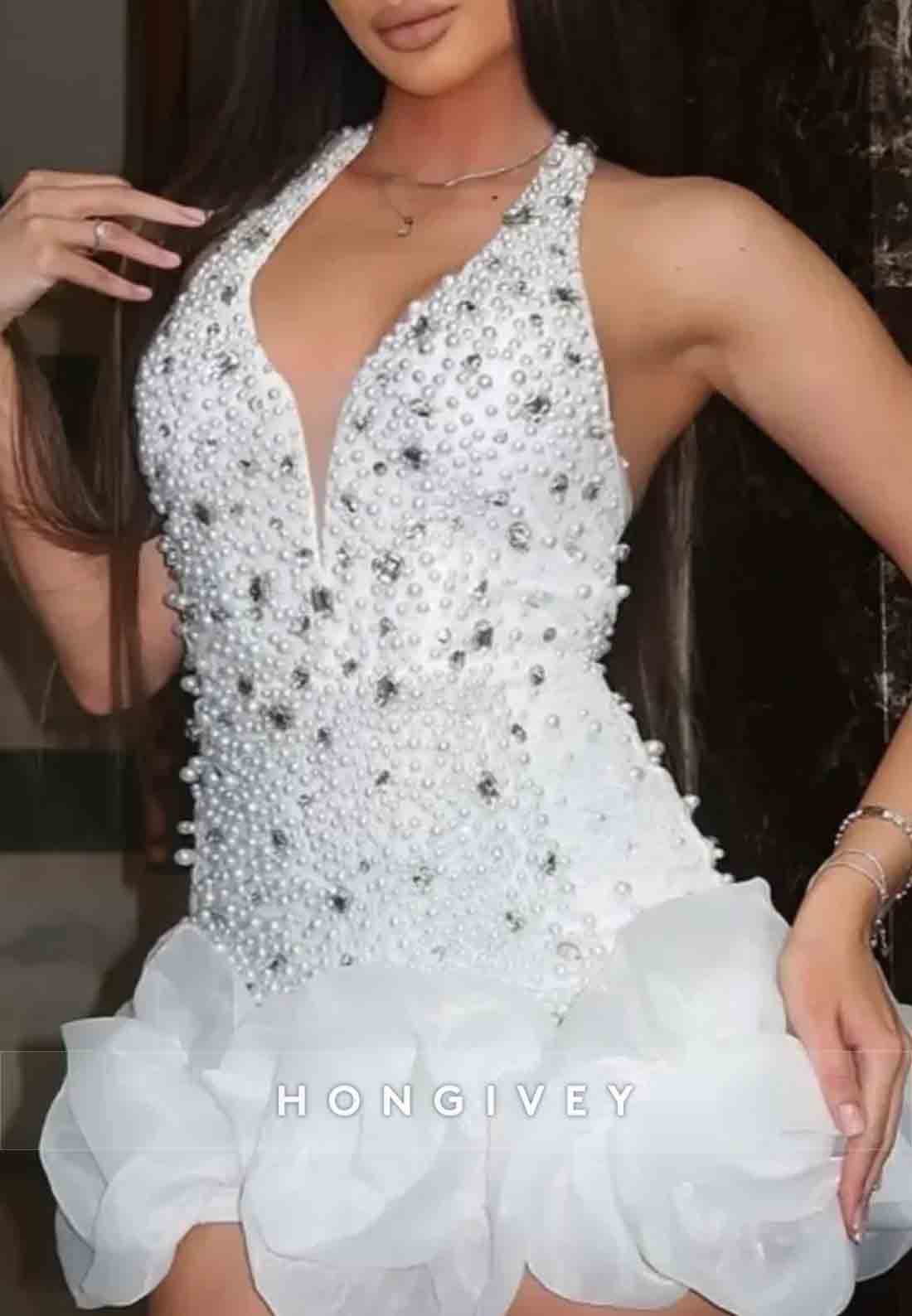 Sparkle Halter Low V-Neck Rhinestone Sleeveless Beading Mini Homecoming Dresses