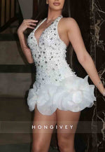 Sparkle Halter Low V-Neck Rhinestone Sleeveless Beading Mini Homecoming Dresses