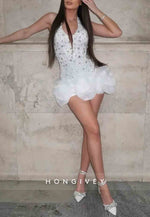 Sparkle Halter Low V-Neck Rhinestone Sleeveless Beading Mini Homecoming Dresses