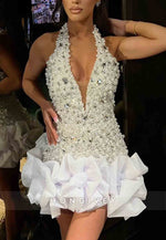 Sparkle Halter Low V-Neck Rhinestone Sleeveless Beading Mini Homecoming Dresses