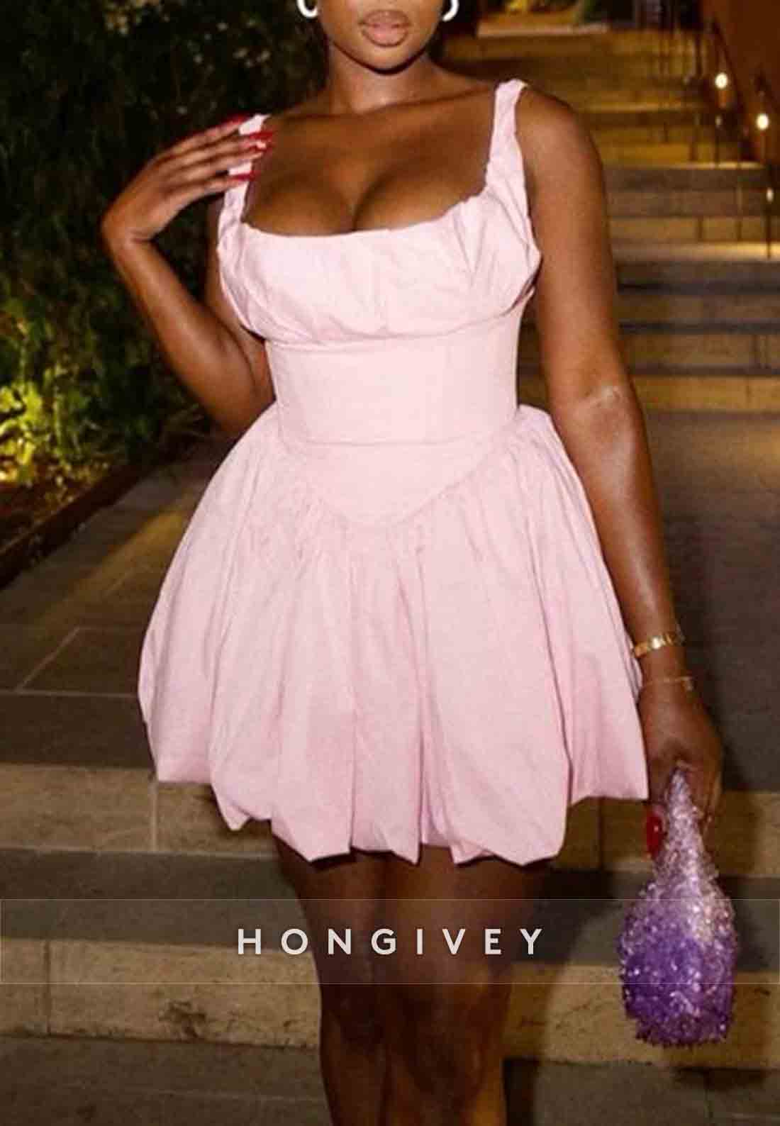 Regular Straps Square Neck Sleeveless Pleated A-Line Mini Homecoming Dress