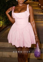 Regular Straps Square Neck Sleeveless Pleated A-Line Mini Homecoming Dress