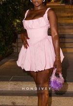 Regular Straps Square Neck Sleeveless Pleated A-Line Mini Homecoming Dress