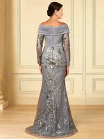 Off the Shoulder Lace Long Sleeve Applique Mermaid Evening Dress Floor-Length