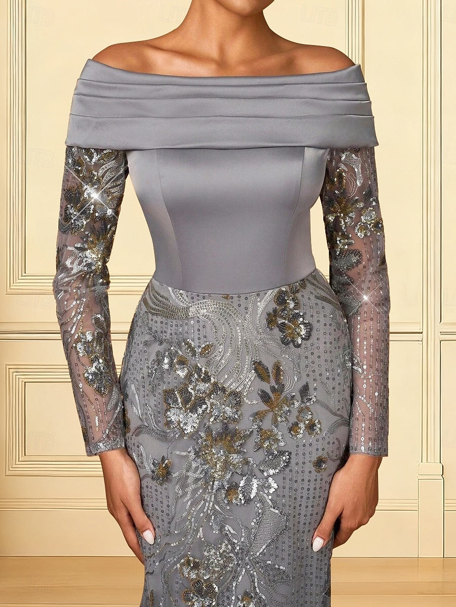 Off the Shoulder Lace Long Sleeve Applique Mermaid Evening Dress Floor-Length