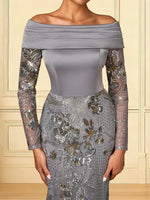 Off the Shoulder Lace Long Sleeve Applique Mermaid Evening Dress Floor-Length