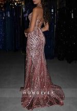 Sparkly Tie Back Side Slit V-Neck Floor-Length Prom Dresses with Sequins