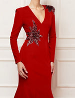V-Neck Long Sleeve Sequins Applique Mermaid Floor-Length Evening Dress