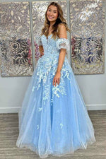 A-Line Applique V-Neck Long Formal Prom Dress with Removable Sleeves
