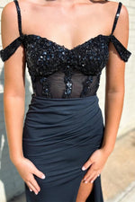 Elegant Black Sequin Cold-Shoulder Formal Dress with Side Slit