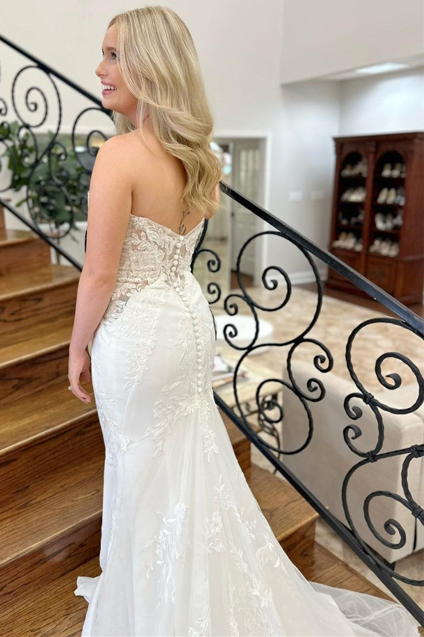 White Strapless Appliques Trumpet Long Bridal Gown