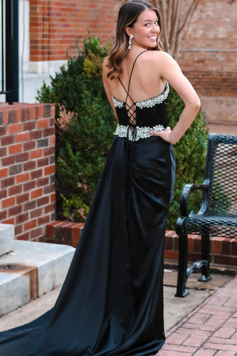 Black Satin Spaghetti Strap Prom Dress with Beaded Neckline and Side Slit