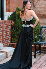 Black Satin Spaghetti Strap Prom Dress with Beaded Neckline and Side Slit