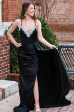 Black Satin Spaghetti Strap Prom Dress with Beaded Neckline and Side Slit
