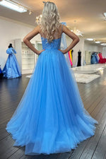 Elegant Sky Blue One-Shoulder Lace and Tulle Ball Gown with Bow
