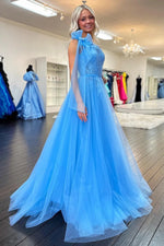Elegant Sky Blue One-Shoulder Lace and Tulle Ball Gown with Bow
