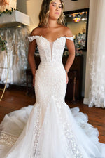 White Lace Off-the-Shoulder Trumpet Wedding Dress