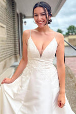 White V-Neck A-Line Long Wedding Dress with Appliques