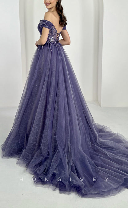 L2660 - Off-Shoulder Tulle A-Line Sequined Appliques With Train Party Prom Evening Dress