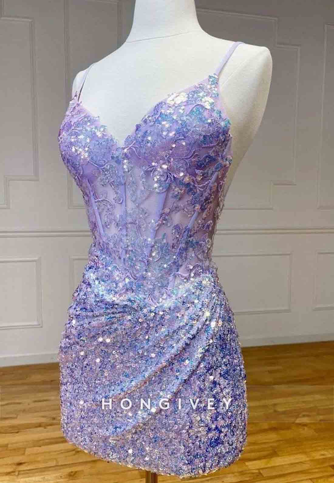 Sparkly Sheath V-Neck Spaghetti Straps Open Back Side Slit Mini Homecoming Dress