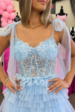 Ethereal Light Blue Tulle Tiered Evening Gown with Sheer Bodice and Slit