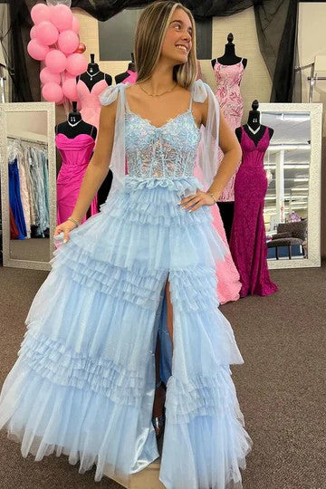 Ethereal Light Blue Tulle Tiered Evening Gown with Sheer Bodice and Slit