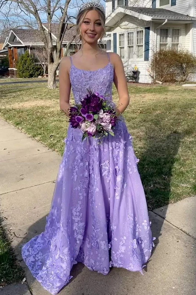 Lavender Sleeveless A-Line Prom Gown with 3D Floral Appliques