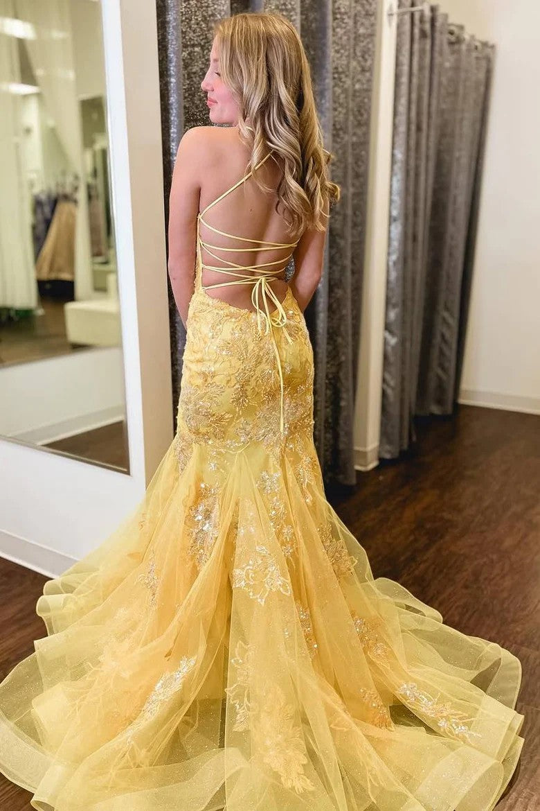 Yellow Mermaid Evening Prom Dress with Appliques and Sweep Train