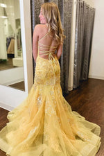 Yellow Mermaid Evening Prom Dress with Appliques and Sweep Train