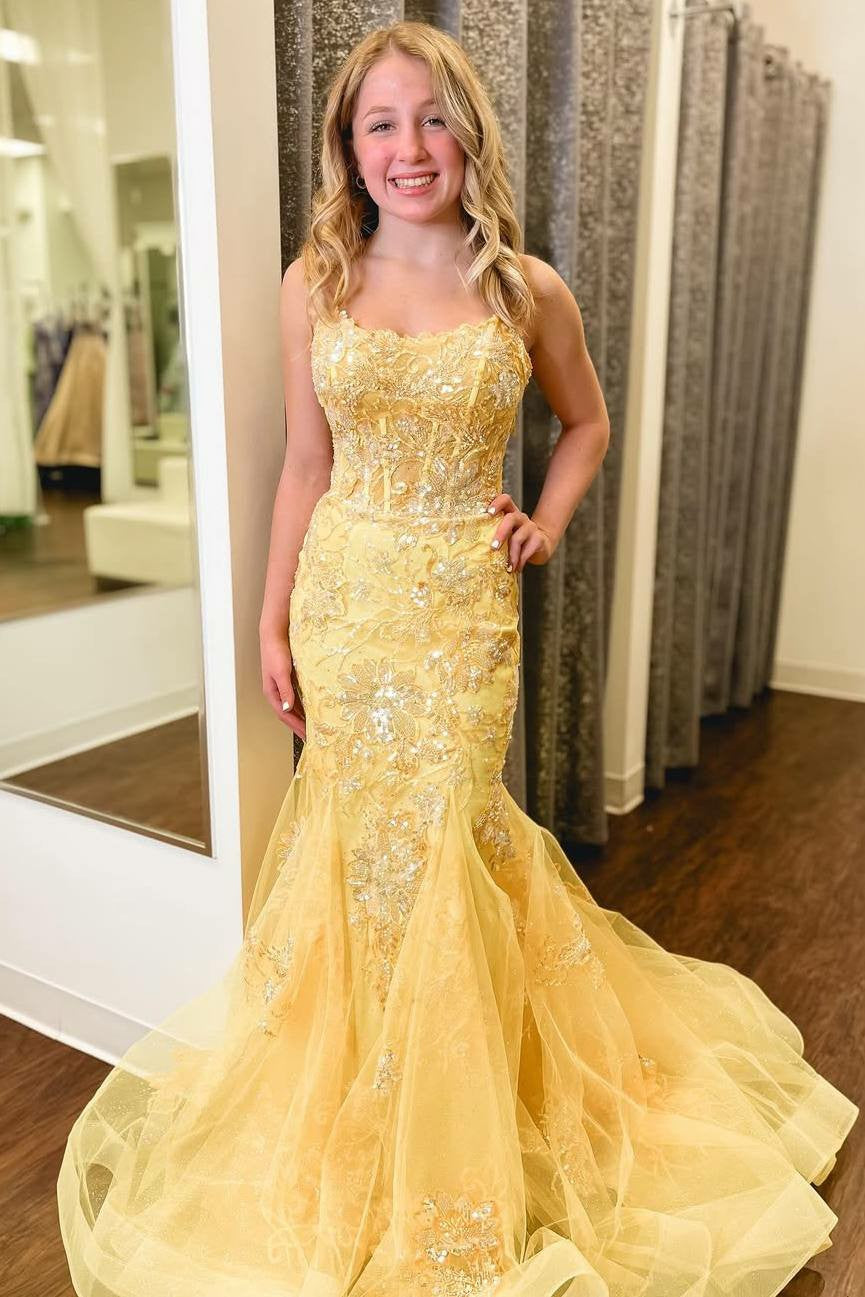 Yellow Mermaid Evening Prom Dress with Appliques and Sweep Train
