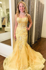 Yellow Mermaid Evening Prom Dress with Appliques and Sweep Train