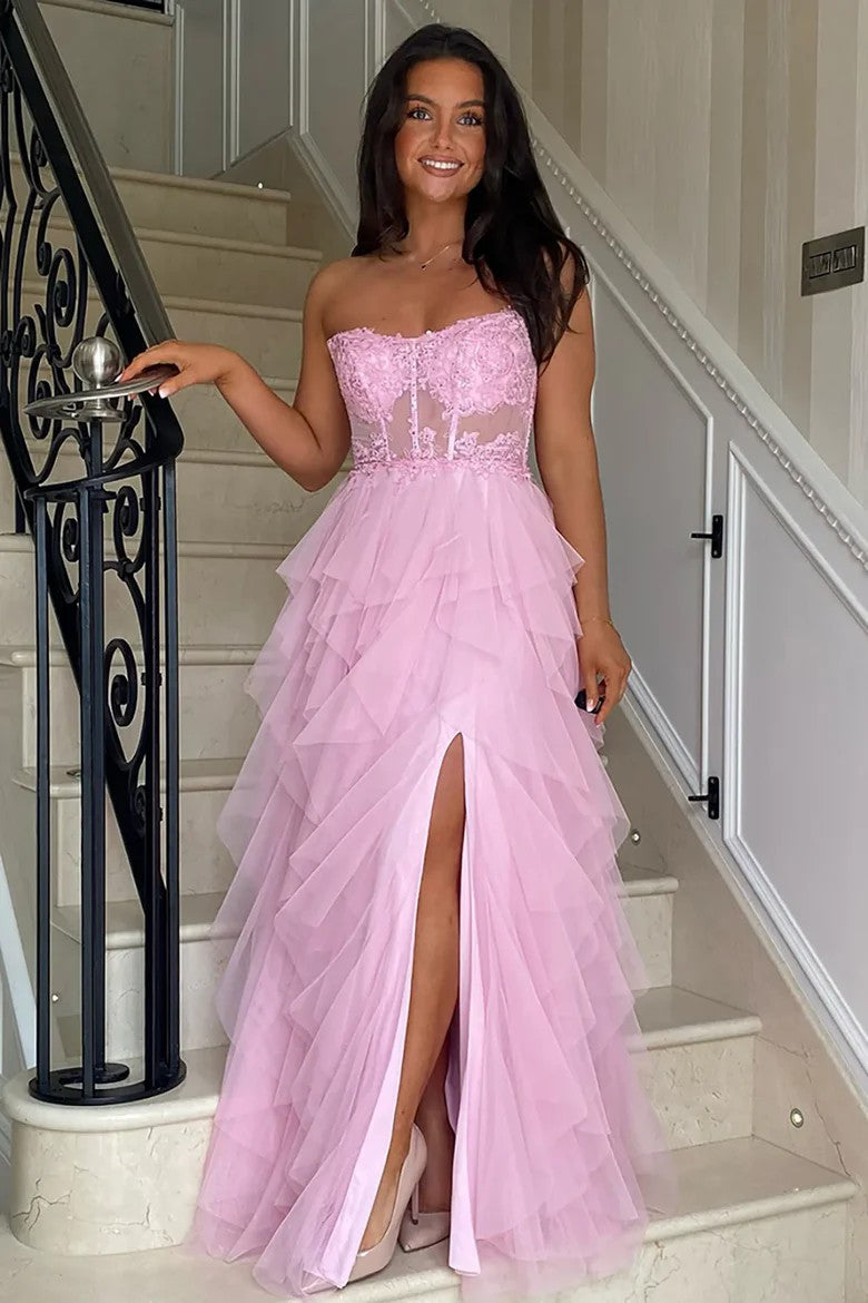 Strapless Ball-Gown Tulle Prom Dress with Side Slit and Appliqué Details