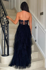 Strapless Ball-Gown Tulle Prom Dress with Side Slit and Appliqué Details
