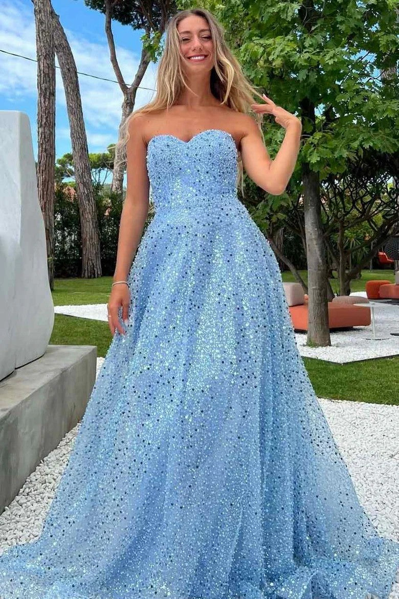 Glittering Strapless Sweetheart A-Line Long Sequin Prom Gown