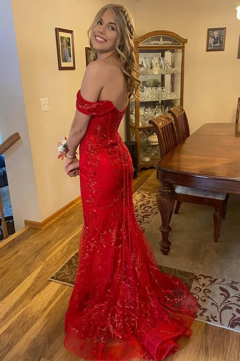 Romantic Red Off-Shoulder Sequin Lace Mermaid Evening Gown