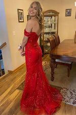 Romantic Red Off-Shoulder Sequin Lace Mermaid Evening Gown